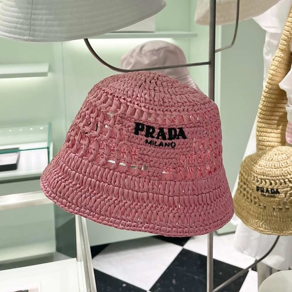 PRADA Logo Cutout Raffia Bucket Hat Pink Crochet Petalo S M NWT